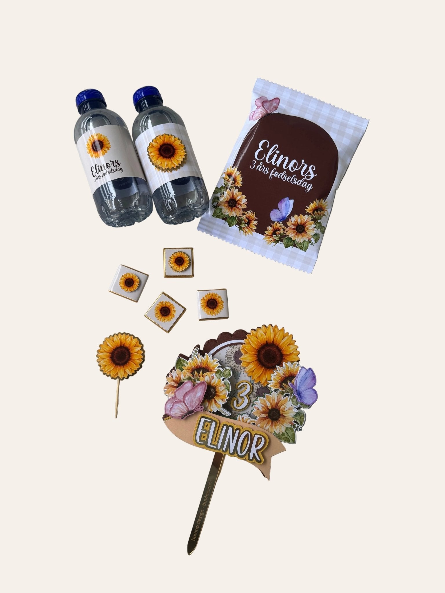 Solsikke cake topper med dit navn - buvino - unik festpynt