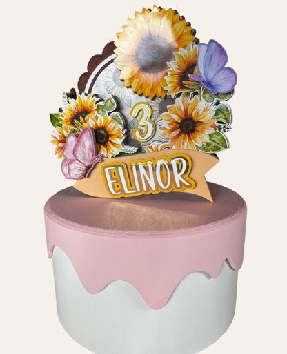 Solsikke cake topper med dit navn - buvino - unik festpynt